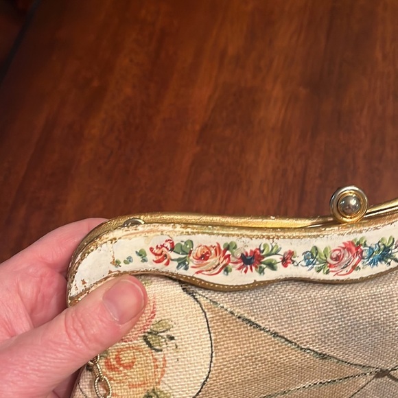 Vintage handbag purse Gladys Golden made in Italy painted burlap  chain strap - Picture 10 of 10